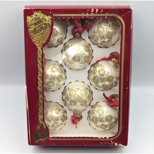Victoria Collection Gold Glitter 2.5" Glass Christmas Ornaments Set of 8 VTG